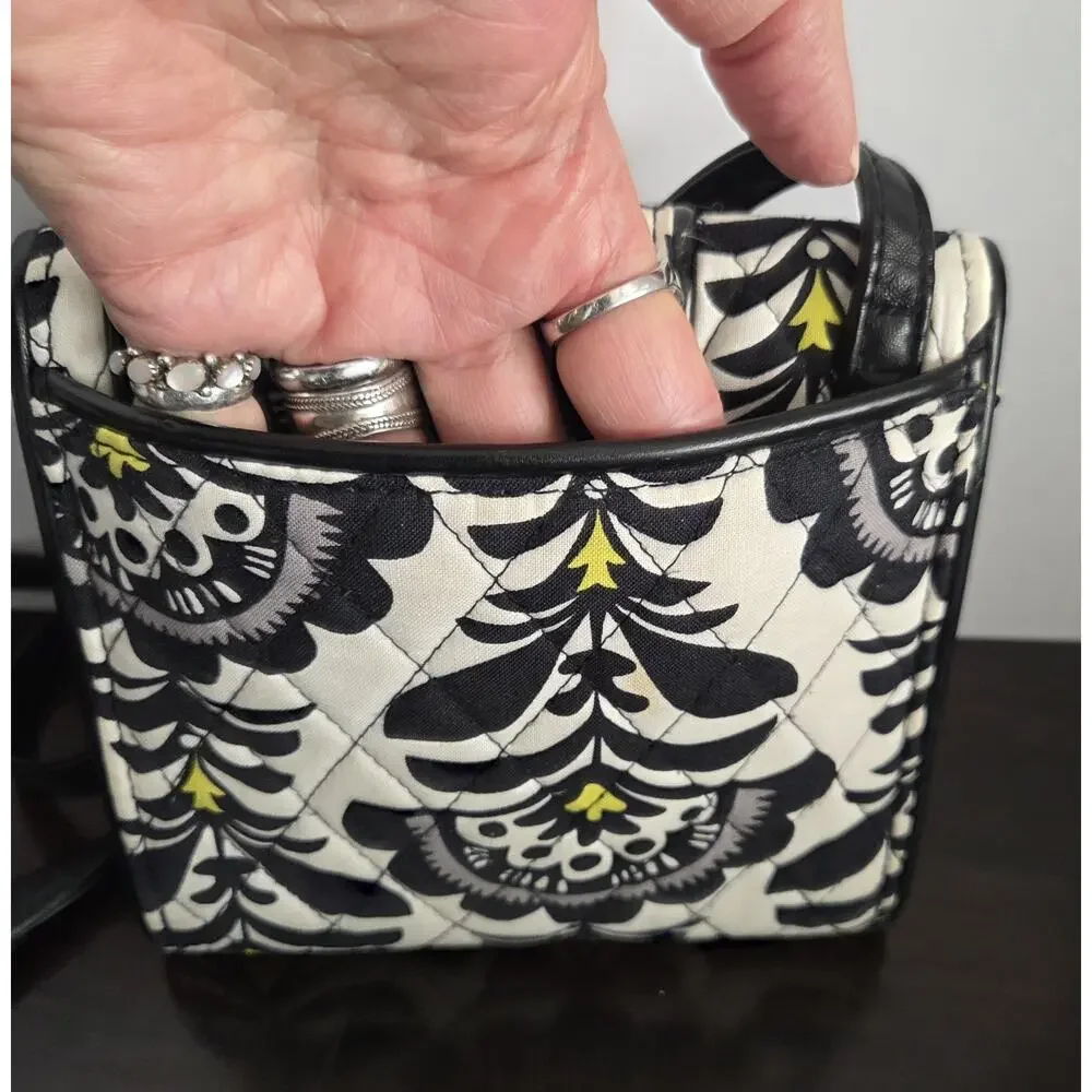 Vera Bradley Petite Crossbody Purse Fanfare Black White Strap Yellow Mini 6x6 In